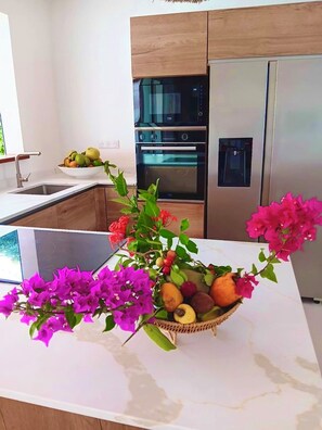 A modern kitchen with a marble countertop, a built-in oven, and a stainless steel refrigerator. - Casa Helena – Brand-New Villa – Private Pool &Tropical Garden – 6 P – Martinique (Saint-Esprit)
