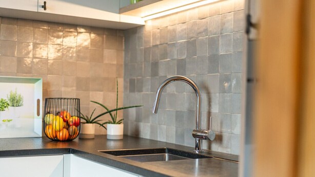 Uma cozinha com uma torneira moderna, uma fruteira e plantas em vasos sobre o balcão.