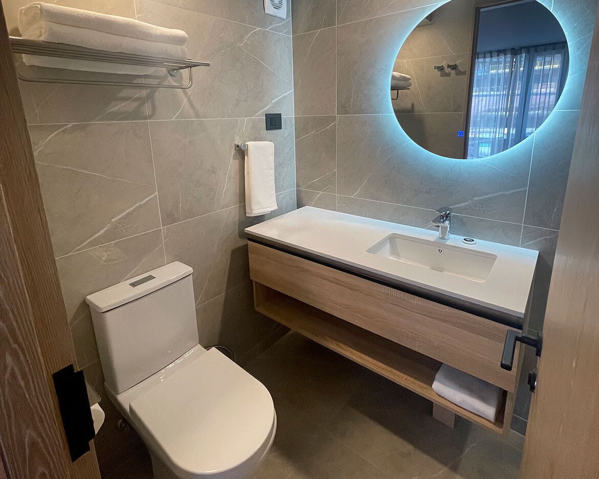 A modern bathroom with a toilet, a sink, and a mirror.