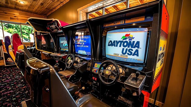 A row of racing arcade machines with 'DAYTONA USA' branding.