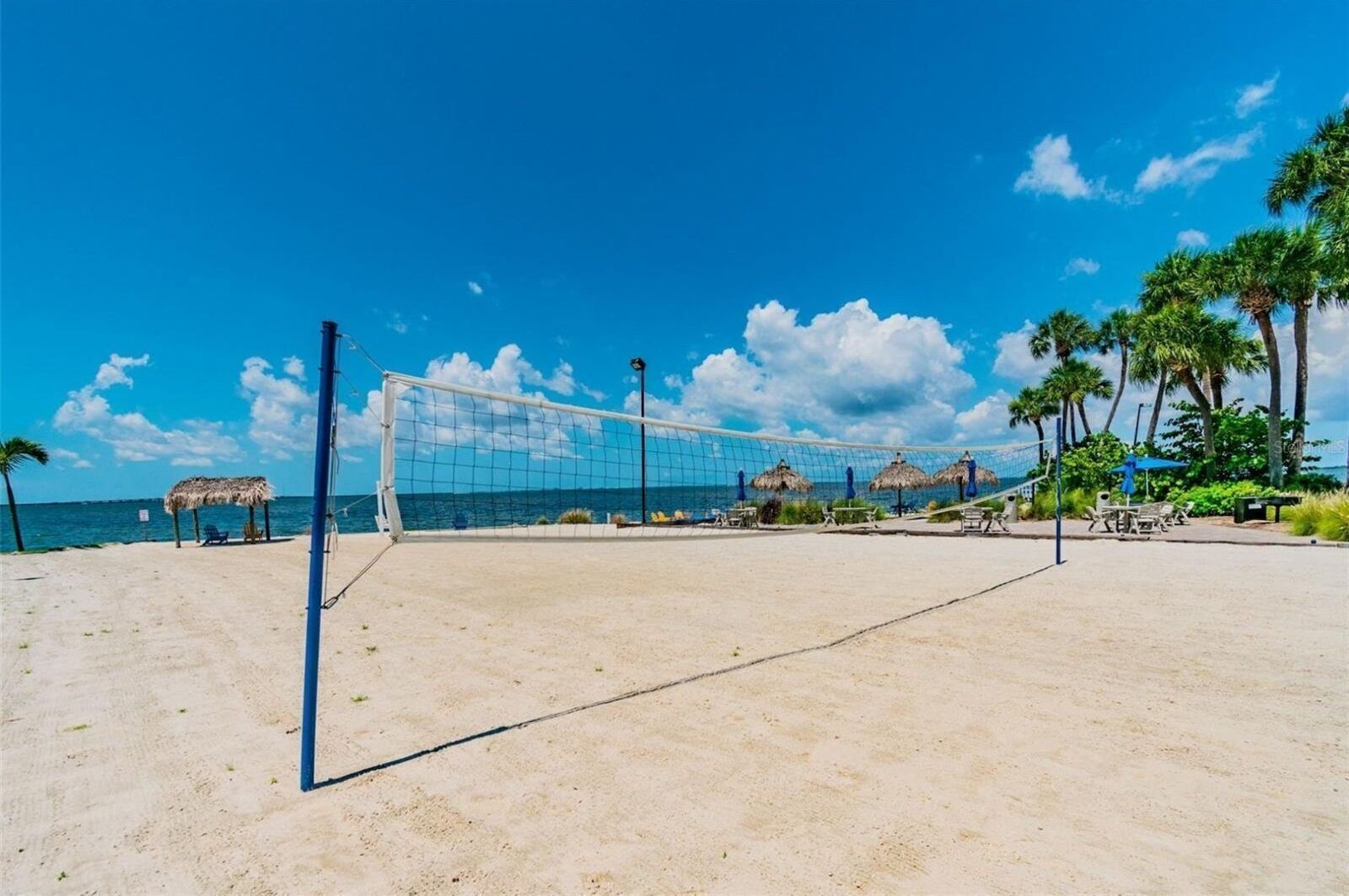A beach volleyball court with a net, palm trees, and beach umbrellas.