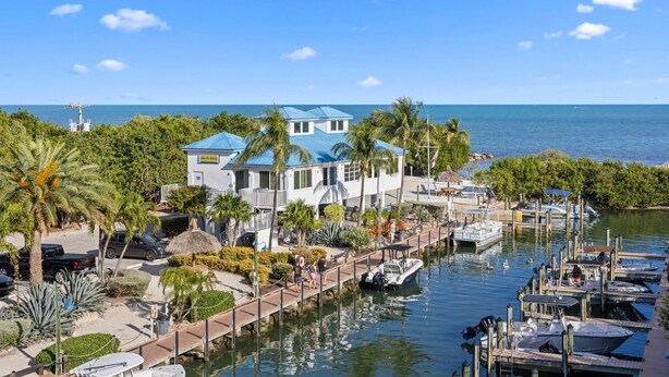 A waterfront property with a dock, a house with a blue roof, and a marina with boats.