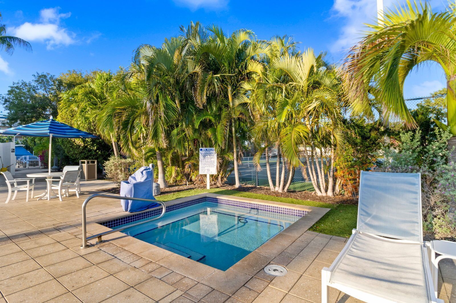 A swimming pool with a tiled edge, surrounded by palm trees and a covered seating area.