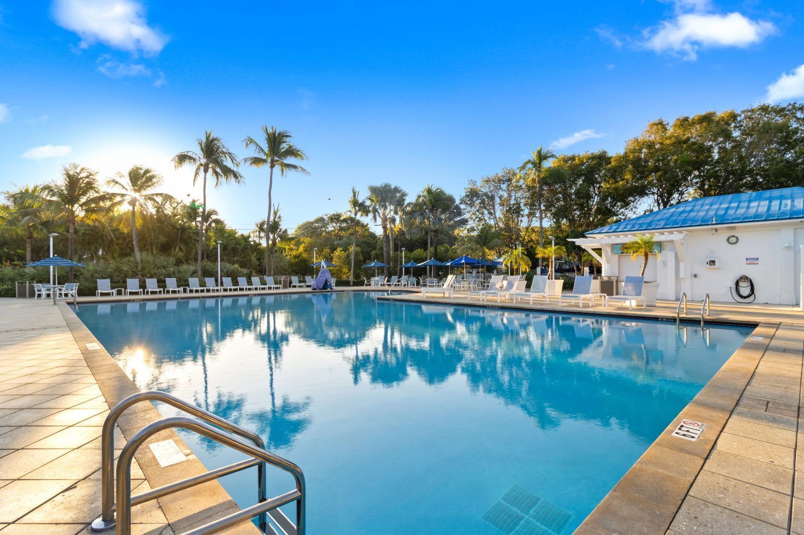 A swimming pool with lounge chairs and umbrellas, surrounded by palm trees and a building with a blue roof.