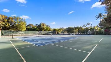 An outdoor tennis court with a net, surrounded by trees and a clear sky.