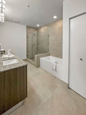 Hair dryer, towels, soap, shampoo