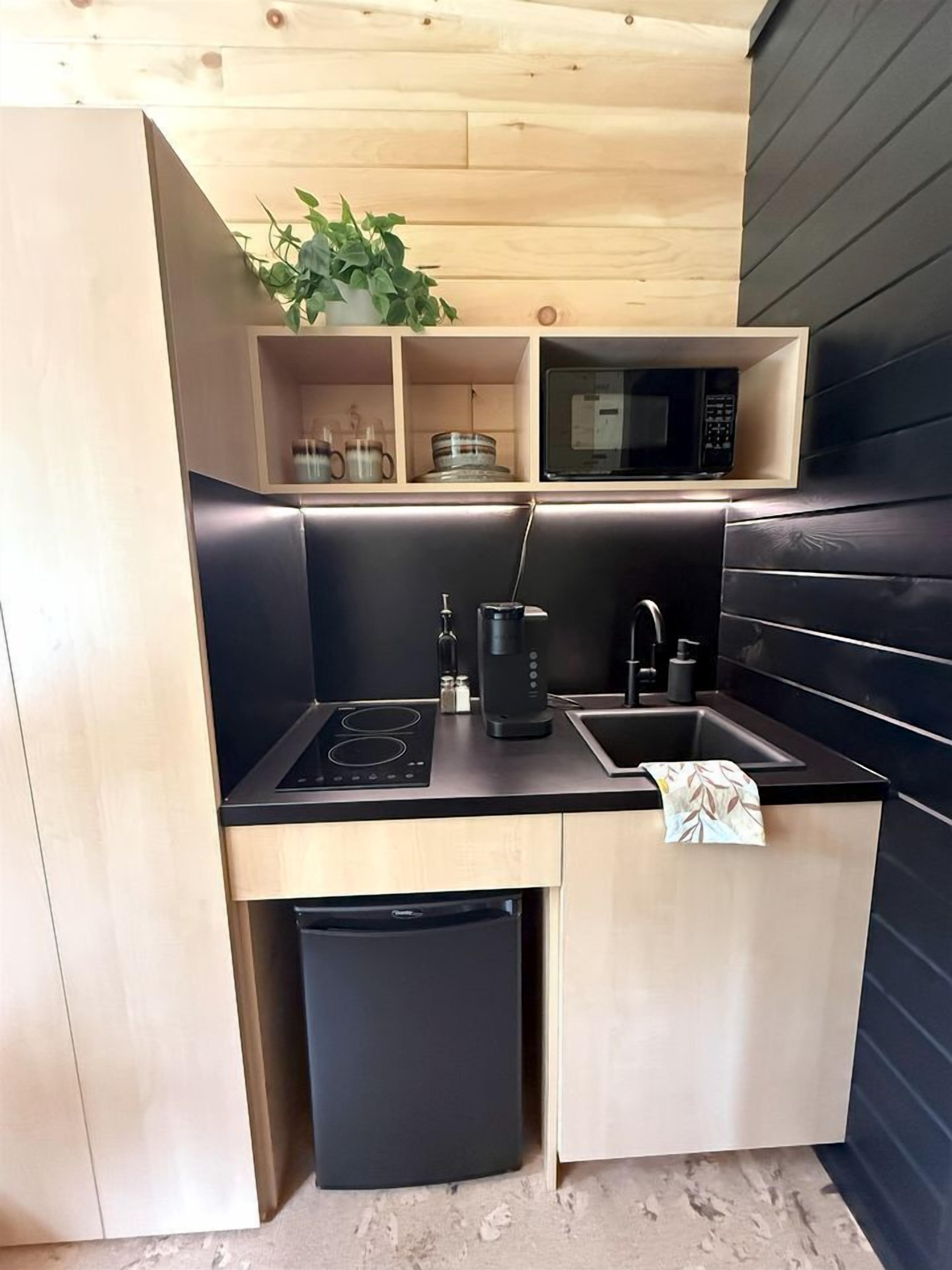 Coffee/tea maker, fridge, microwave, stovetop
