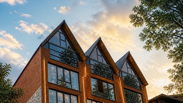 A modern multi-story building with large windows and a sloped roof, situated on a grassy hillside. - HAVALI BUNGALOWS (Camlihemsin)