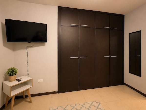 Una habitación con un armario de color oscuro, un televisor de pantalla plana montado en la pared, una pequeña consola blanca con una planta y una alfombra estampada en el suelo.