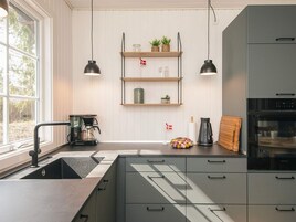 A modern kitchen with a built-in sink, a coffee maker, and a Siemens oven. There are wooden shelves with plants and kitchen items, and pendant lights above.