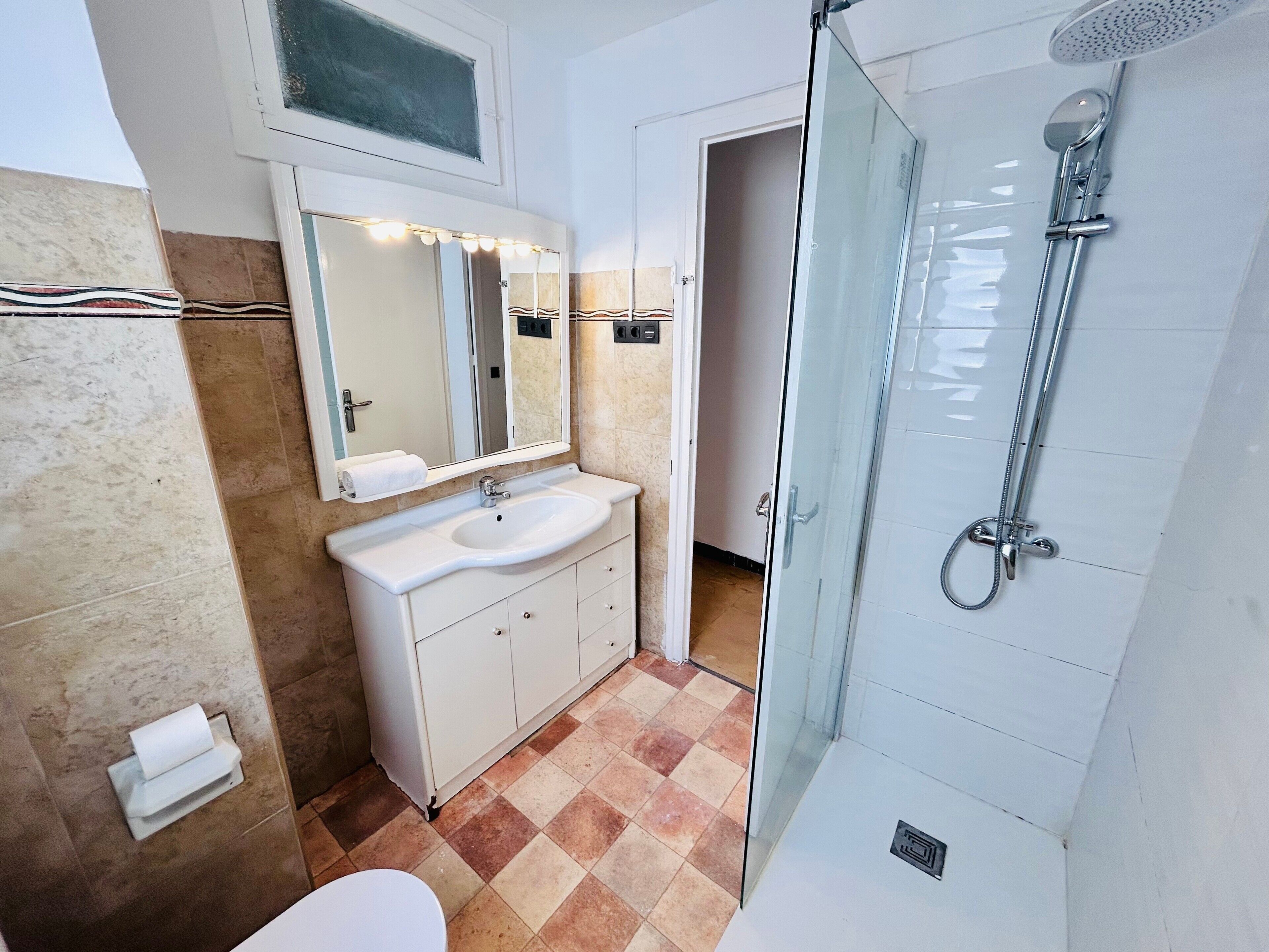 Shower, hair dryer, towels