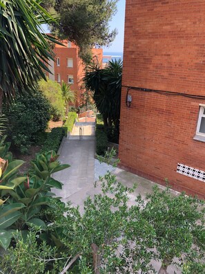 Un sender estret que condueix a un edifici amb façana de maó, envoltat de vegetació i un cel clar.
