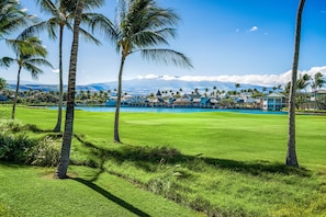 Ein Golfplatz mit Pool, Palmen und einem Resort im Hintergrund.