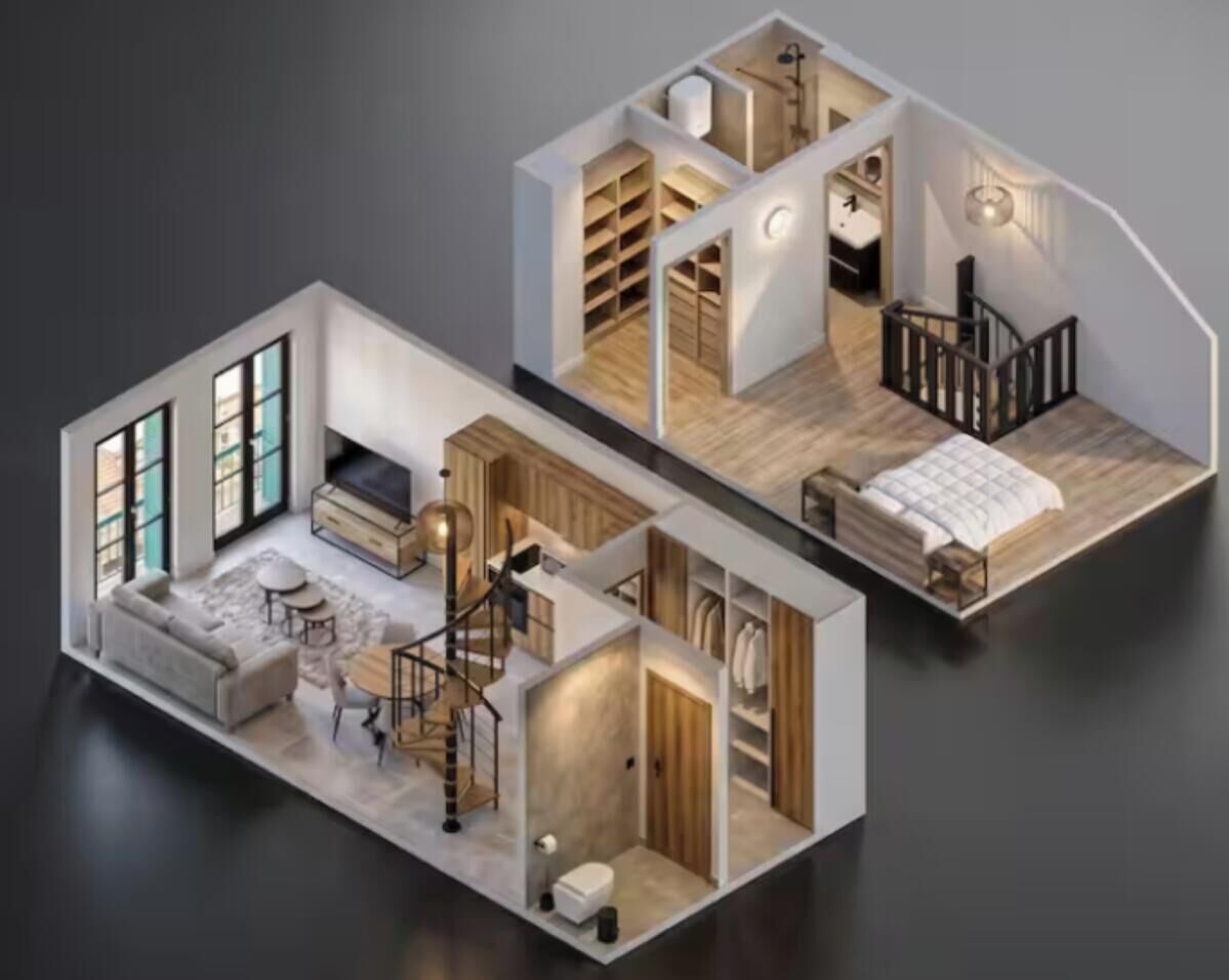 En 3D-model af en moderne lejlighed med stue, køkken, sovev ærelse og badeværelse.