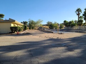 A parking lot with a building on the left, a palm tree, and a fence on the right.