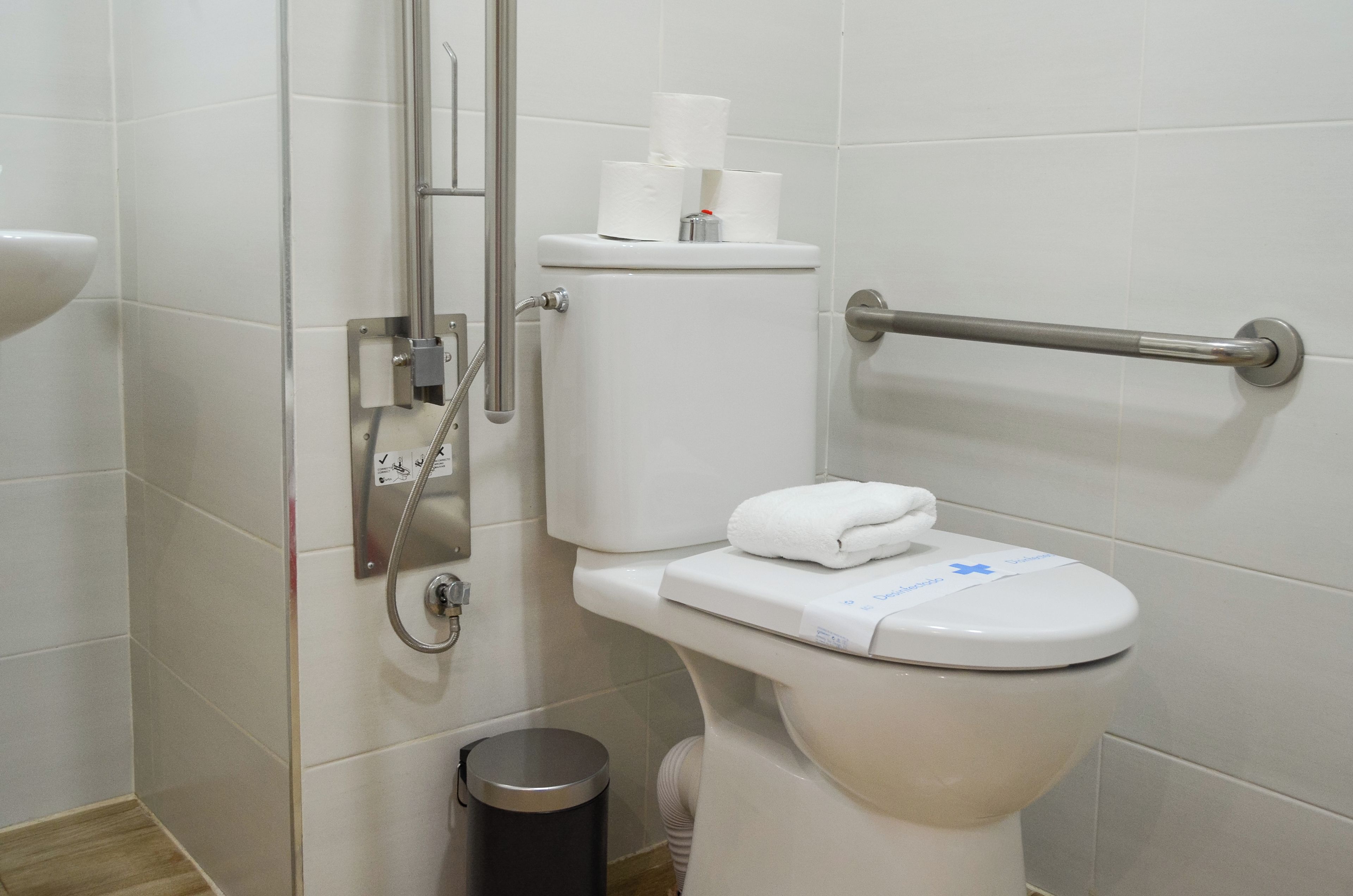 Inodoro blanco con barra de apoyo, un cesto de basura y zona de ducha con ducha de mano.