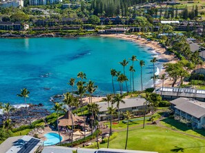 A resort with a pool, palm trees, and a beach. - New Listing! Cozy studio for 4 in steps from the beach - Napili Shores C120 (Lahaina)