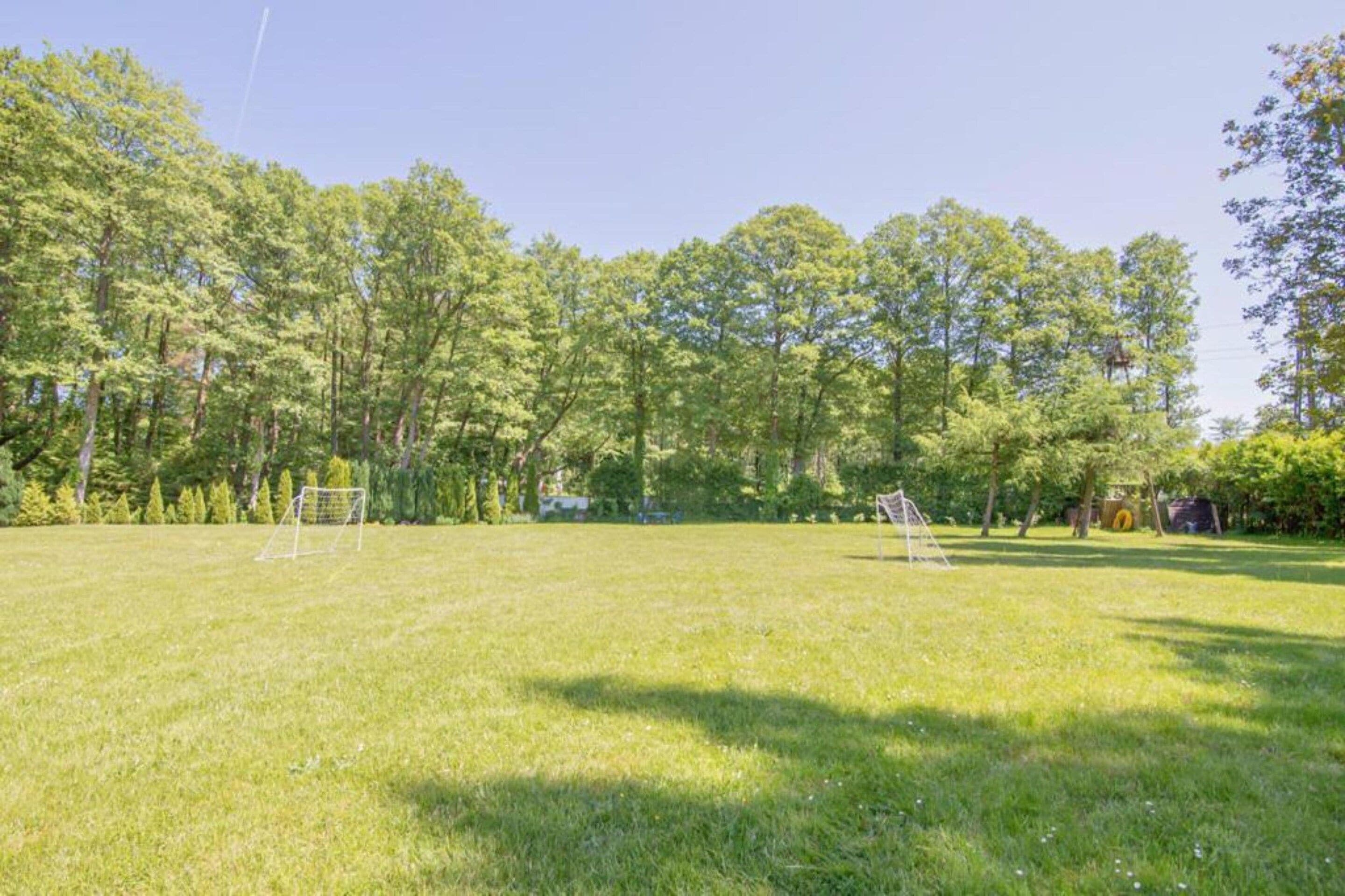 Un campo erboso con due porte da calcio, circondato da alberi.