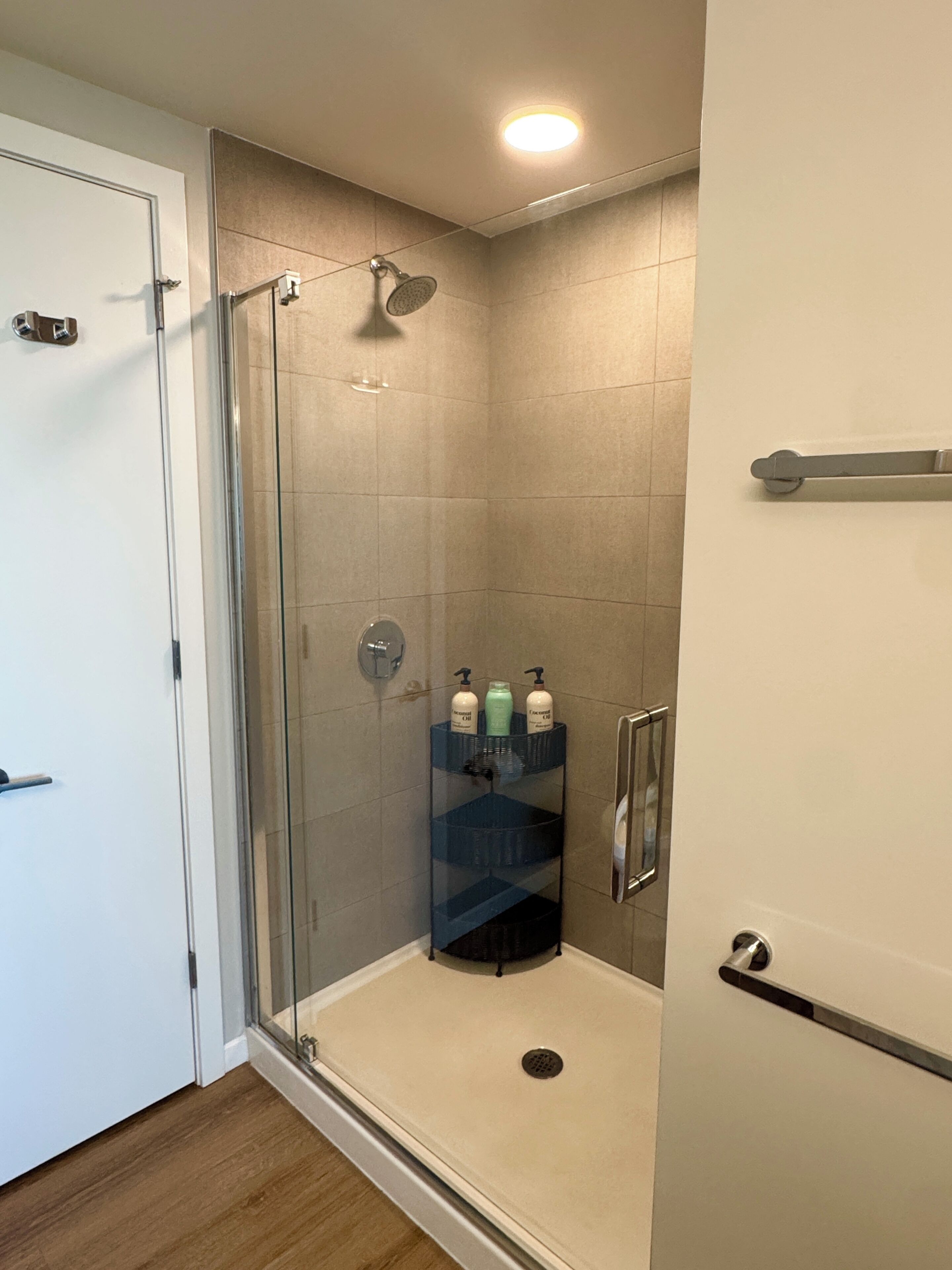 A glass-enclosed shower with a handheld showerhead, a glass shelf with toiletries, and a white door.