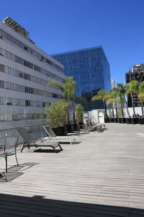 Eine Dachterrasse mit Liegestühlen, Palmen und einem modernen Gebäude im Hintergrund.