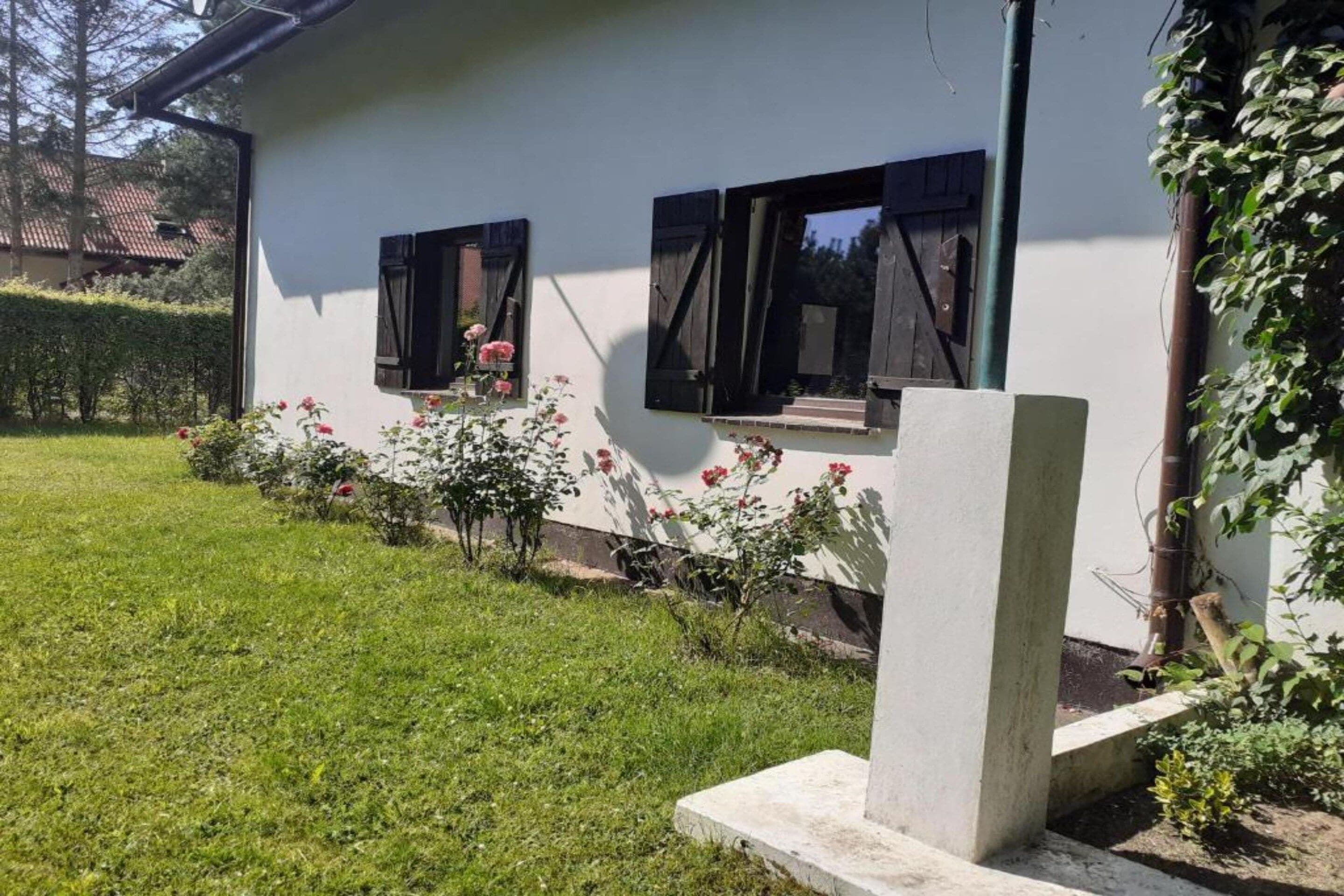 A white building with two windows, each with a black shutter. There is a garden with grass and flowering plants in front of the building.