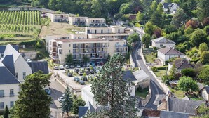 A multi-story hotel with balconies, a parking lot, and a vineyard in the background.