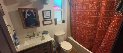 Hair dryer, towels, toilet paper
