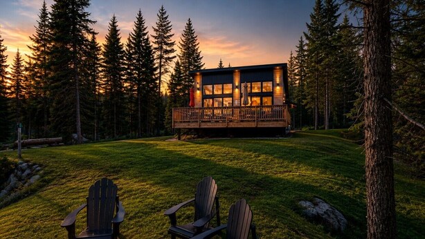 Eine Hütte mit einer Terrasse, umgeben von Bäumen, mit einem Feuerkorb und Stühlen im Vordergrund.