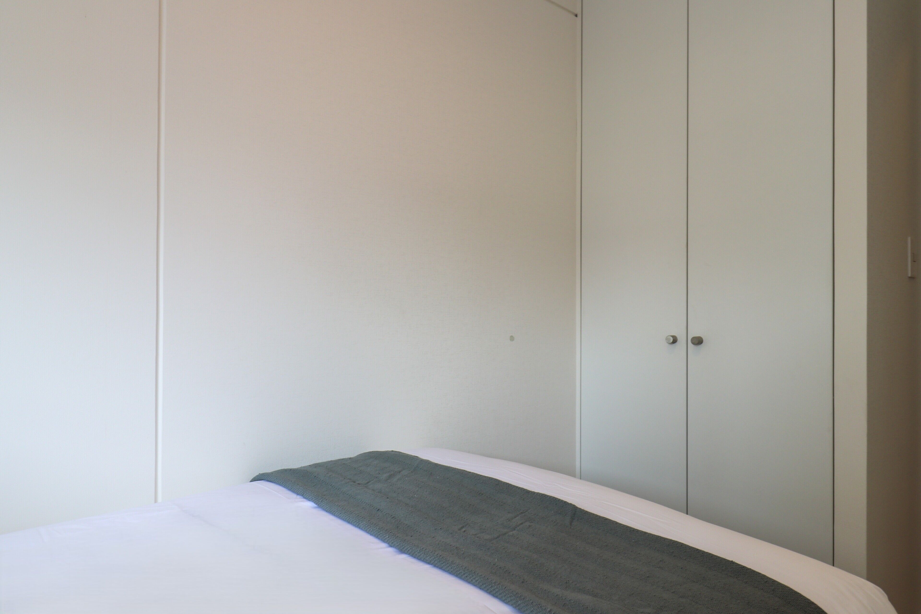 A bedroom with a bed, a wardrobe, and a door.