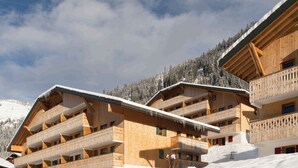 Un edificio de madera de varios pisos con balcones, rodeado de árboles cubiertos de nieve y un cielo despejado.