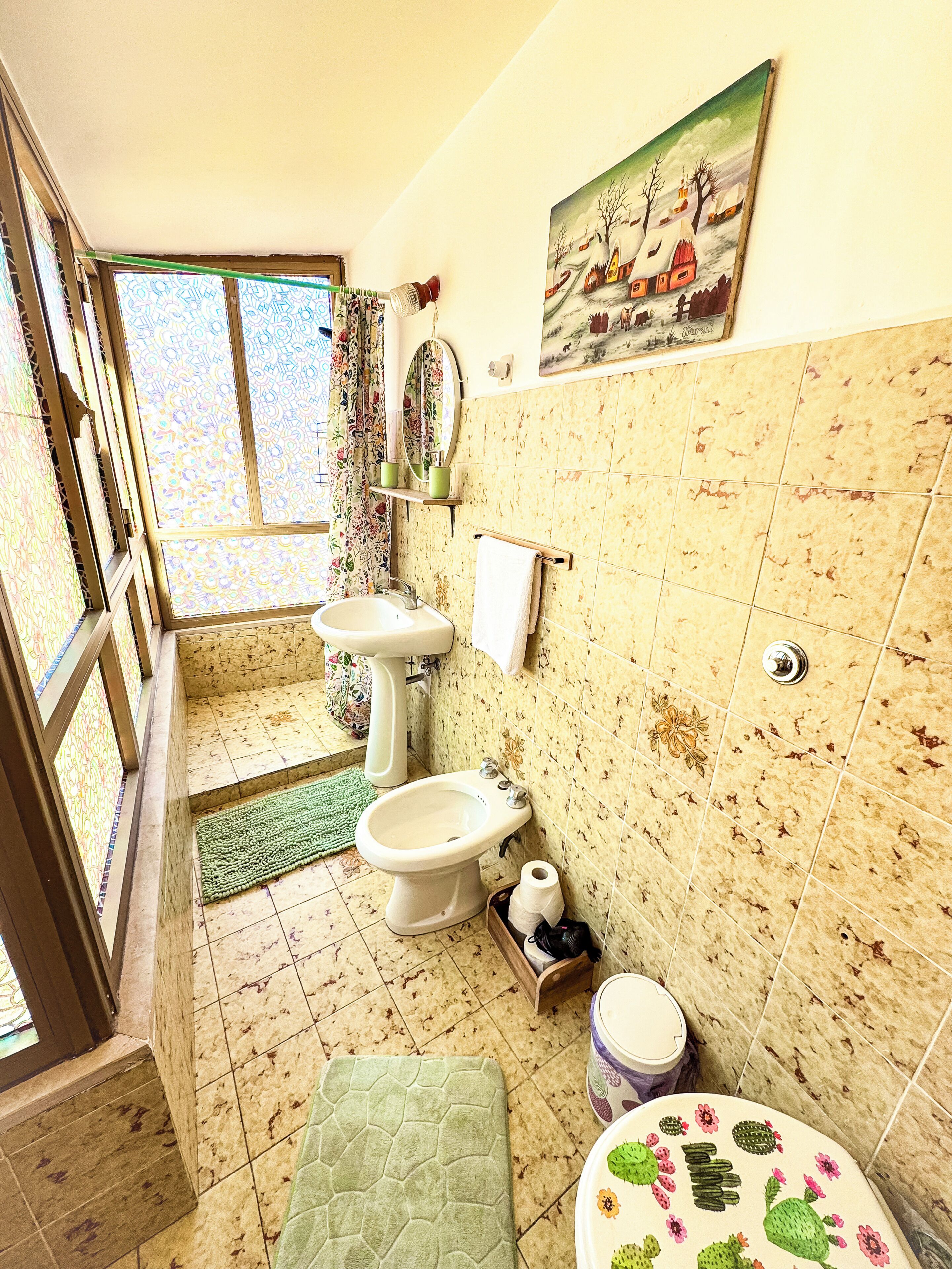 Hair dryer, towels, soap, toilet paper