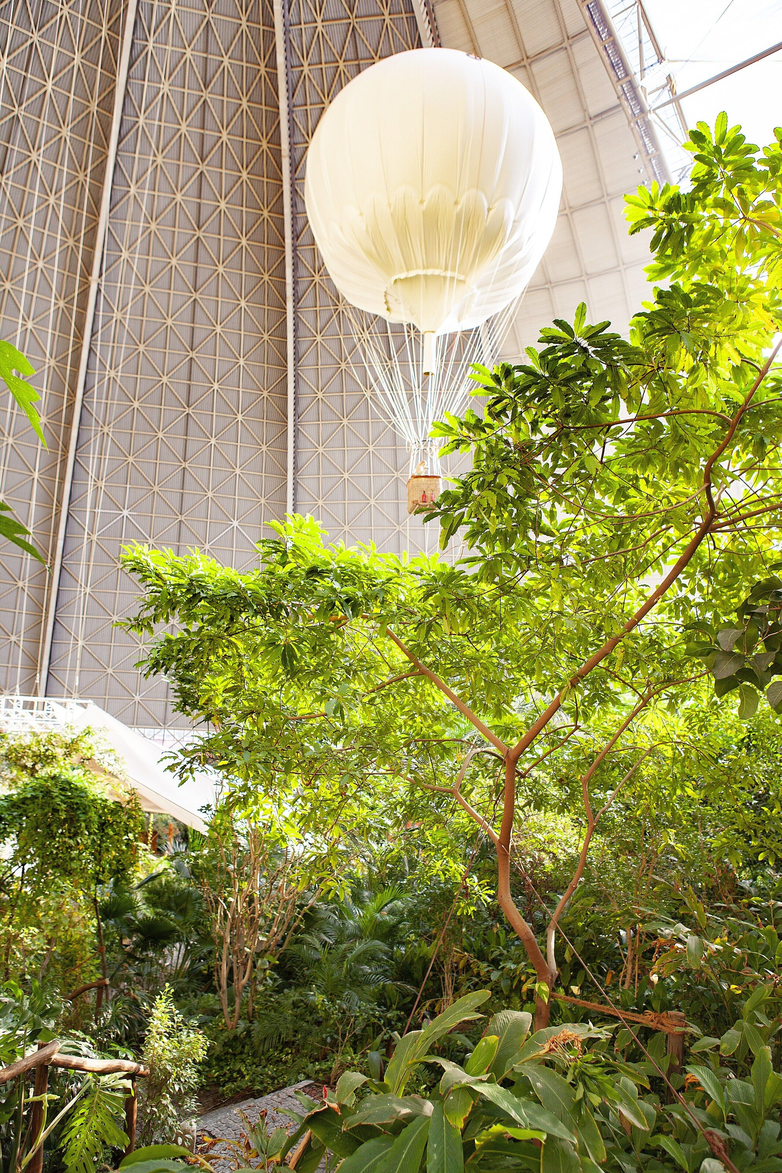 A hot air balloon tethered to a tree in a lush garden setting with a large, geometric glass structure in the background.