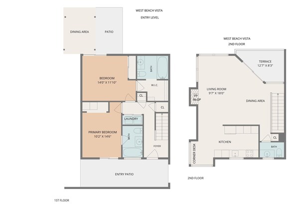 Un appartement situé au deuxième étage, comprenant une terrasse, un coin repas, un salon, une cuisine et une salle de bain.