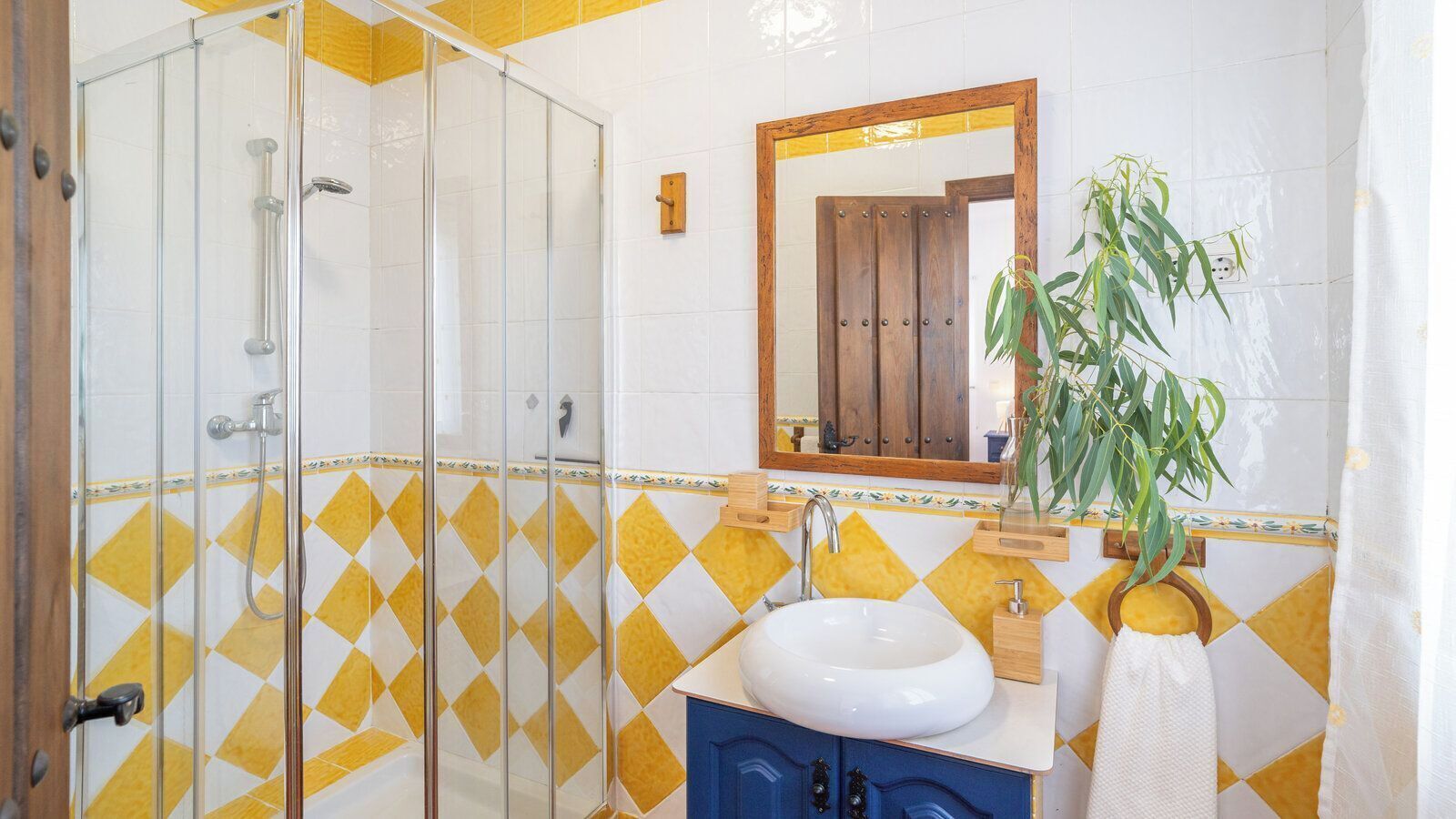 Une salle de bain avec une douche à parois de verre, un lavabo blanc, un miroir et une plante en pot.