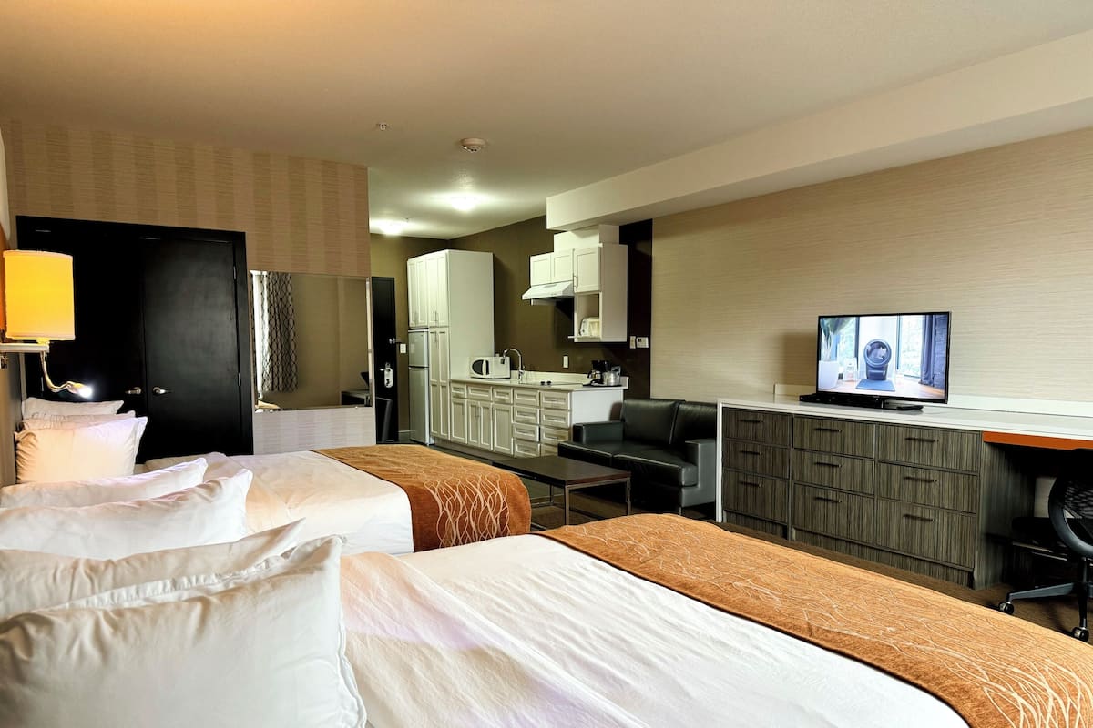 Habitación de hotel con dos camas, un escritorio, televisor, kitchenette y baño.