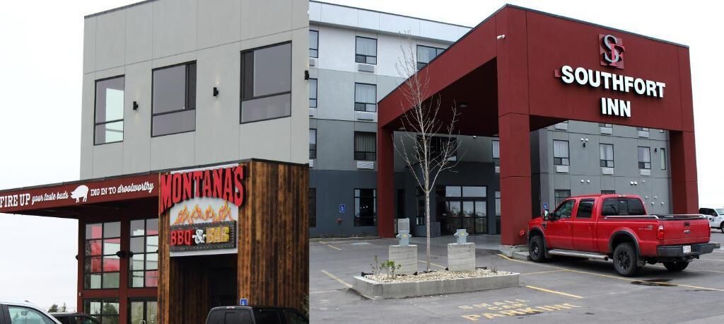 Un edificio moderno con un letrero que dice 'MONTANAS BBQ' y la entrada del hotel 'SOUTHFORT INN'.