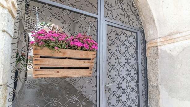 Una jardinera de madera con flores colgando de un portón metálico.