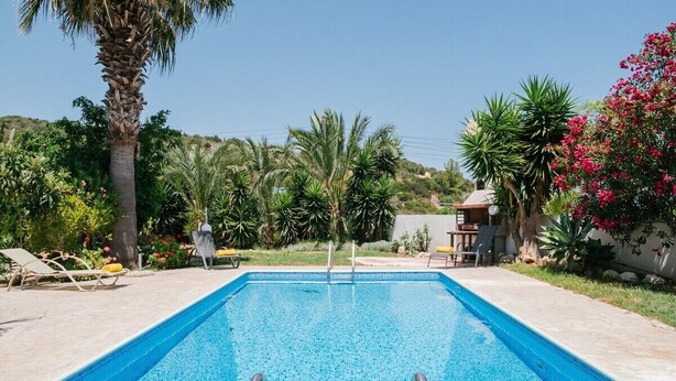 Piscina com água azul cristalina, rodeada por palmeiras e vegetação.