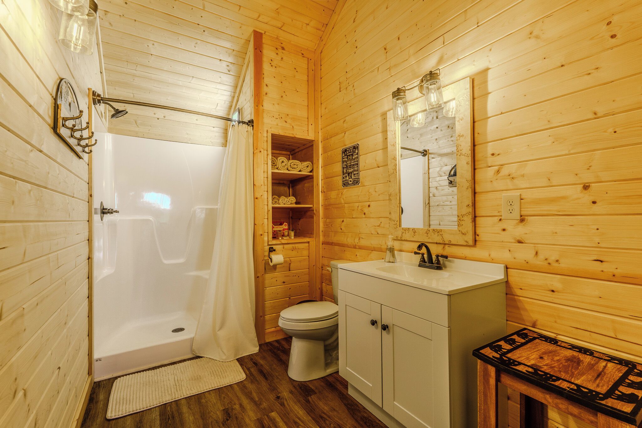 Shower, towels, soap, toilet paper