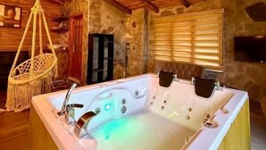 A wooden interior with a large bathtub, a hanging chair, and a stone wall.