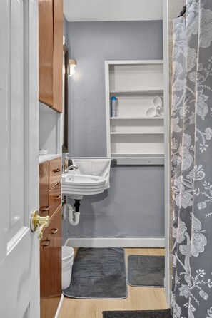 A compact bathroom with a white sink, wooden cabinet, and a shower curtain with a floral pattern. - Cozy Private Home w Fire Pit Near Downtown! (Kalamazoo)
