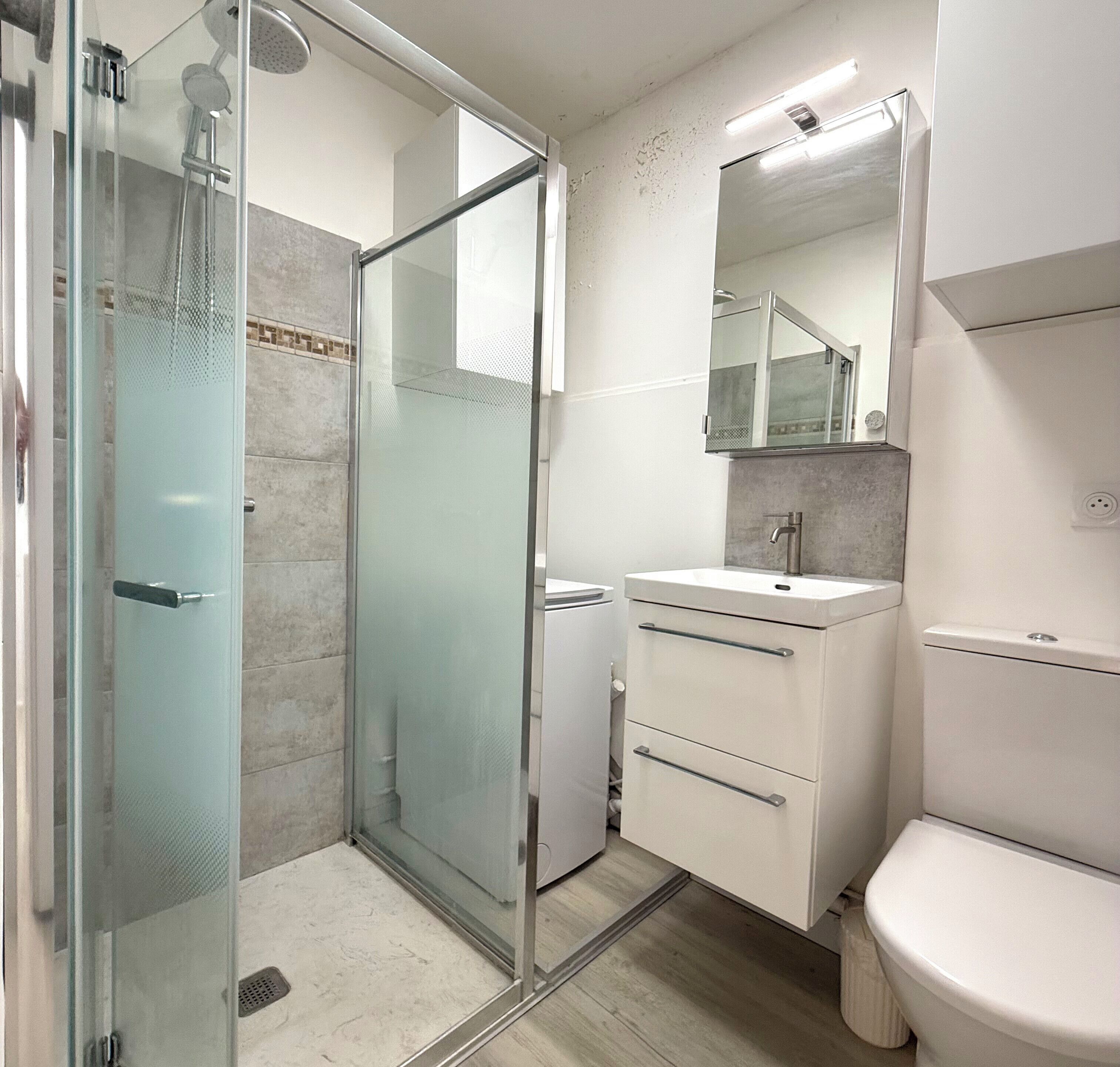 A modern bathroom with a glass shower enclosure, a white sink, and a toilet.