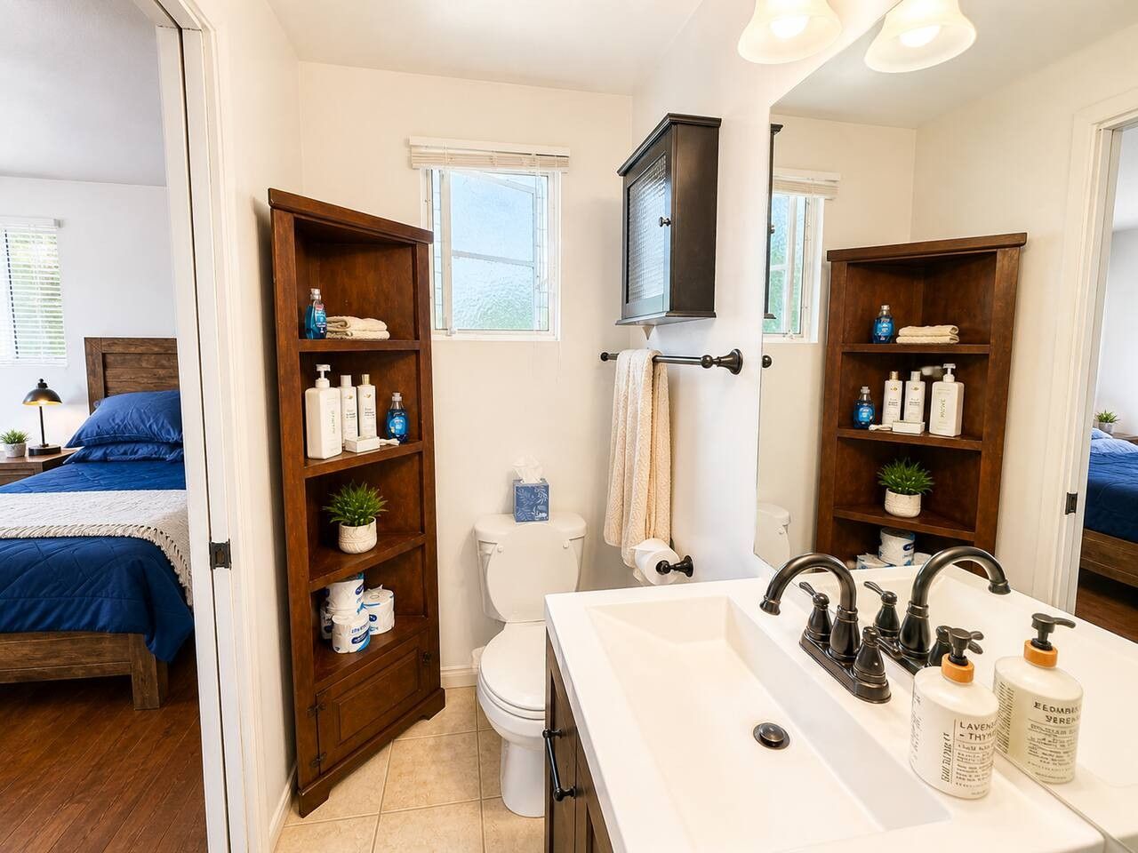 Een badkamer met een witte wastafel, twee spiegels, een toilet en een douche.