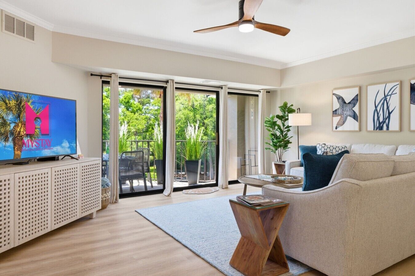A living room with a TV, sofa, coffee table, and a balcony with plants.