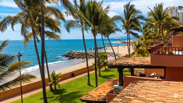 Una propiedad frente a la playa con patio, palmeras y vista al océano.