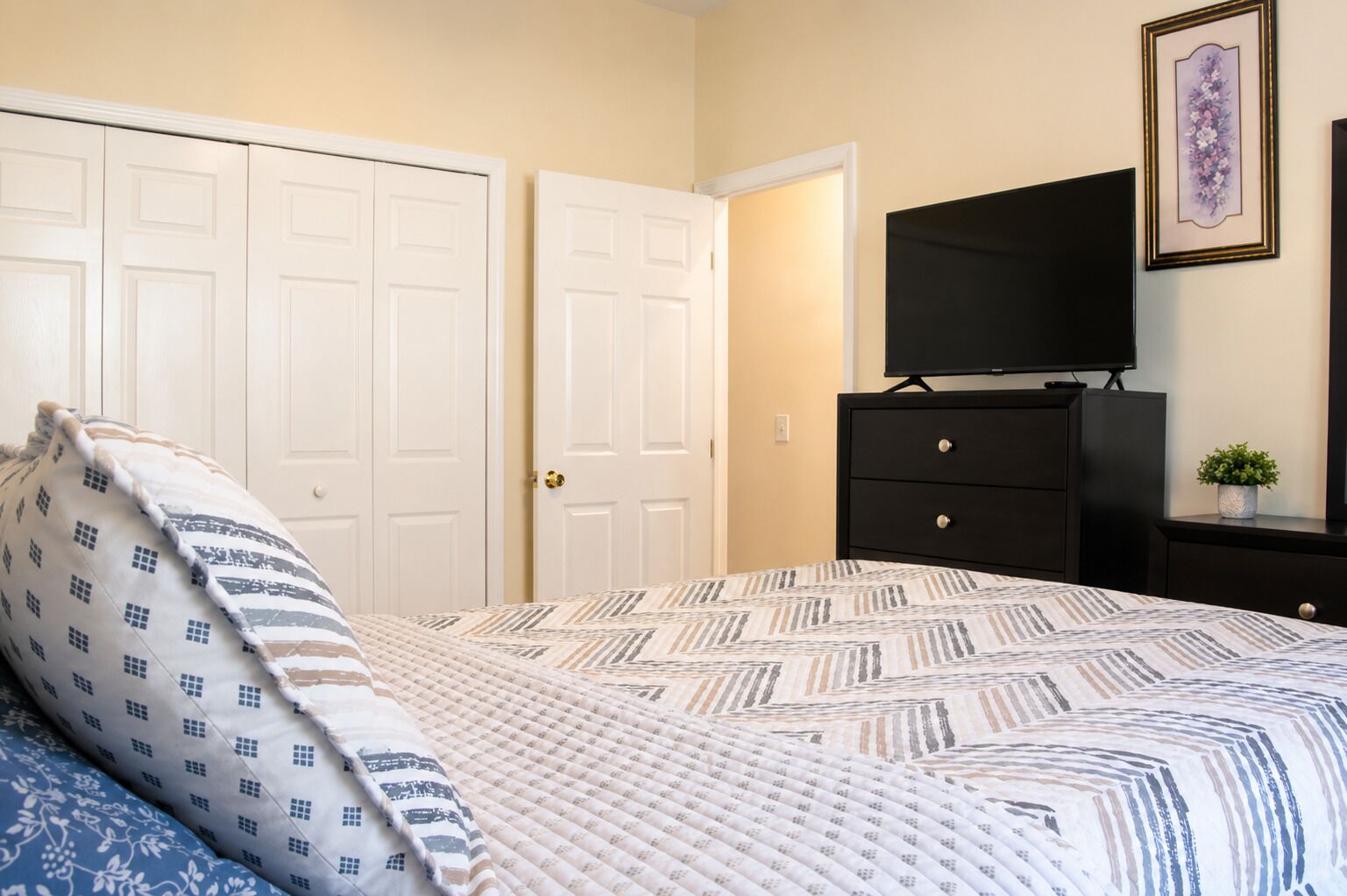 Un dormitorio con cama, cómoda, televisor y puerta.