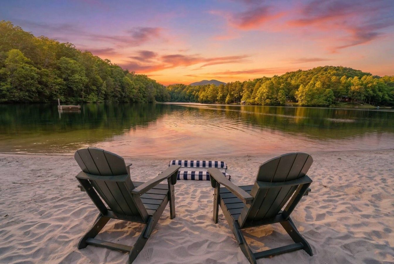 A lakeside setting with two Adirondack chairs facing a table with a striped cushion, surrounded by sand.