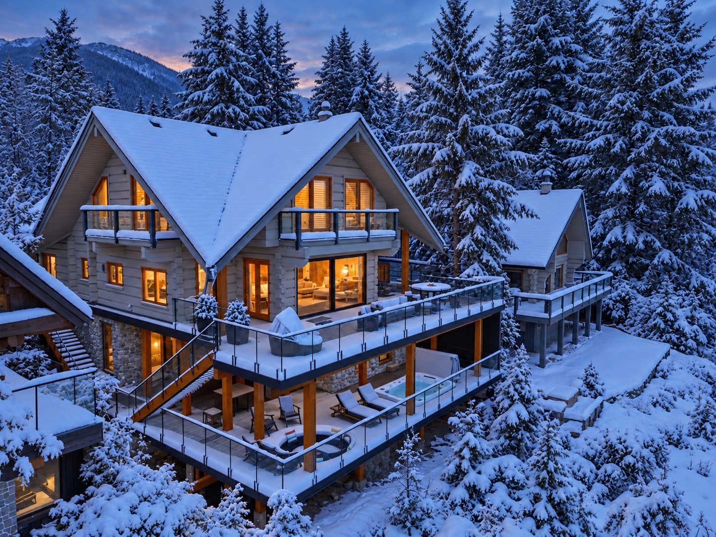 A multi-story lodge with a balcony, a hot tub, and a stone facade.