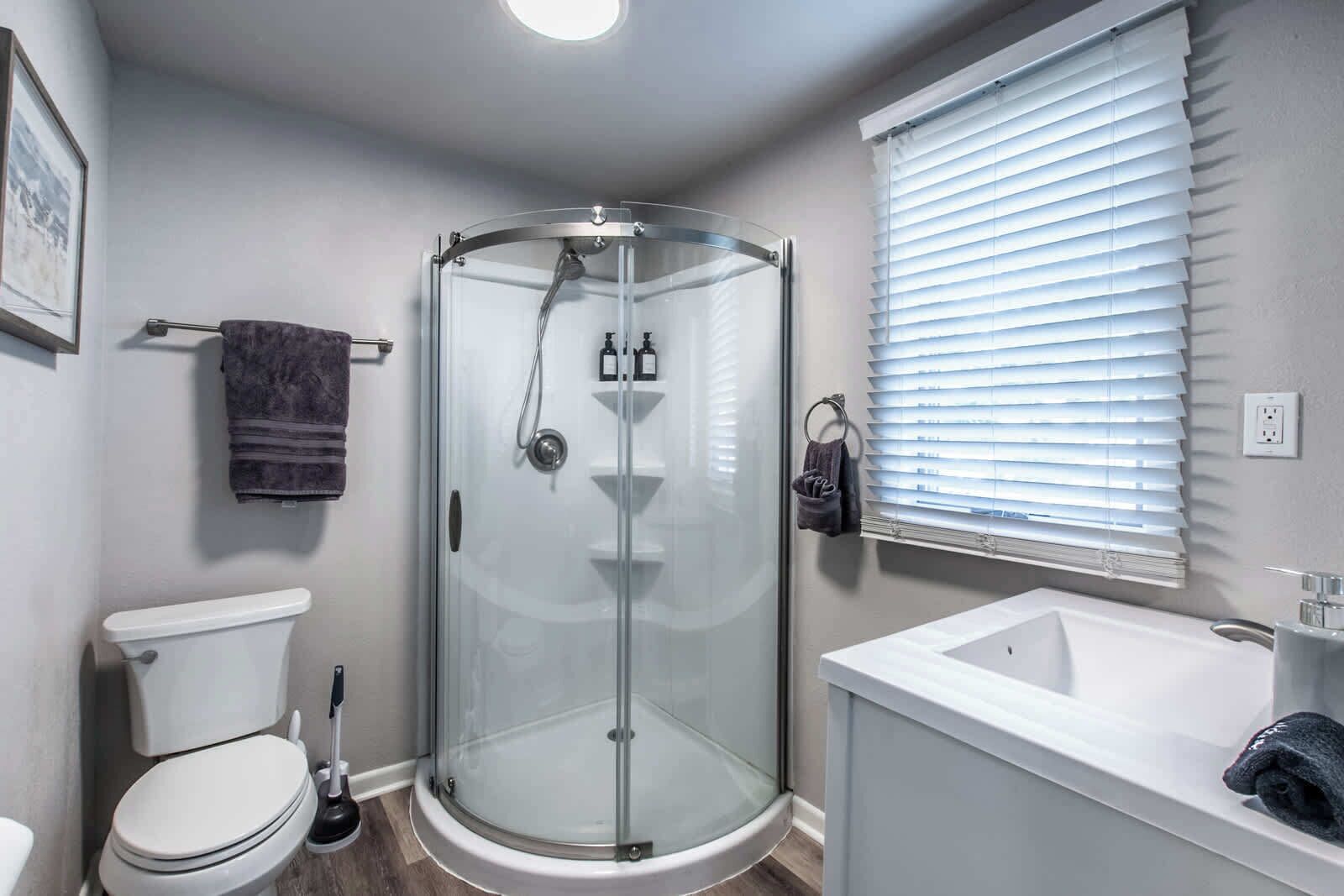A modern bathroom with a glass-enclosed shower, a toilet, and a sink.
