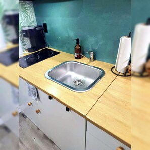 A kitchen with a stainless steel sink, a black induction cooktop, a small bottle of soap, and a paper towel holder.
